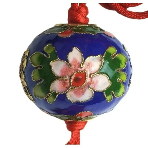 Chinese Ornament Cloisonne Enamel Ball Good Fortune Red Knots Tassel Flower Gold - Picture 2 of 9